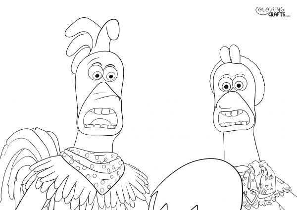 A drawing of Rocky and Ginger from Chicken Run Dawn Of The Nugget with a plain background to print and colour for free.