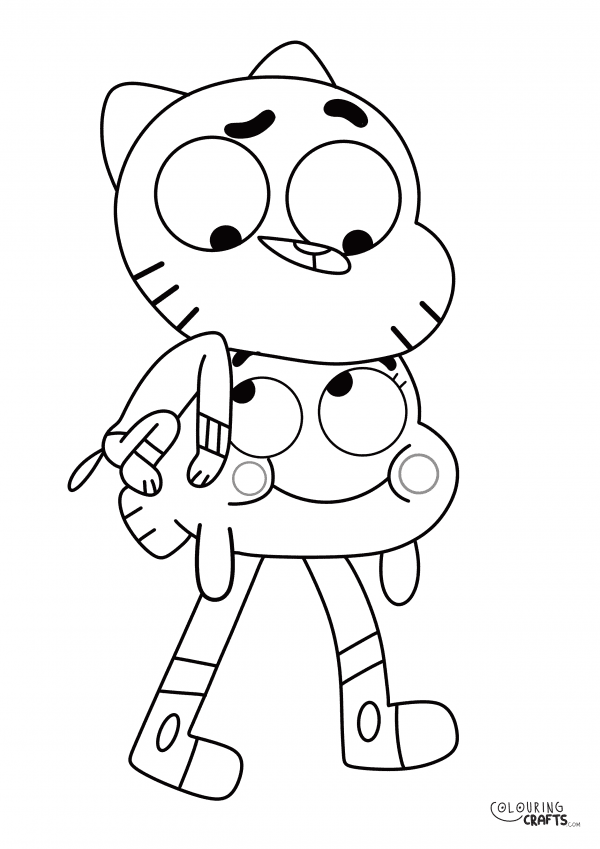 A drawing of Gumball Climbed on top of Darwin Watterson From Amazing World Of Gumball with a plain background to print and colour for free.