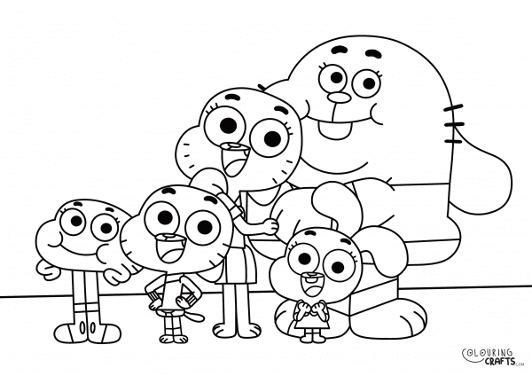A drawing of Amazing World Of Gumball Family with a plain background to print and colour for free.