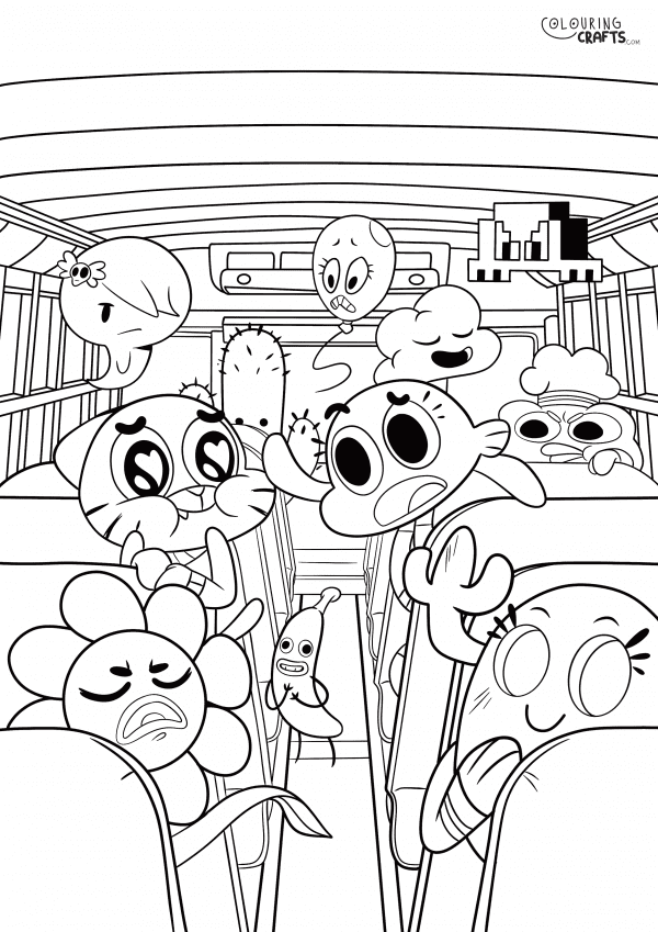 A drawing of Amazing World Of Gumball and friends on a school bus to print and colour for free.