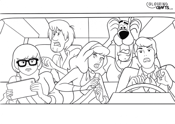 A drawing of Scooby Doo with Velma, Daphne, Shaggy & Fred in the mystery van with a plain background to print and colour for free.