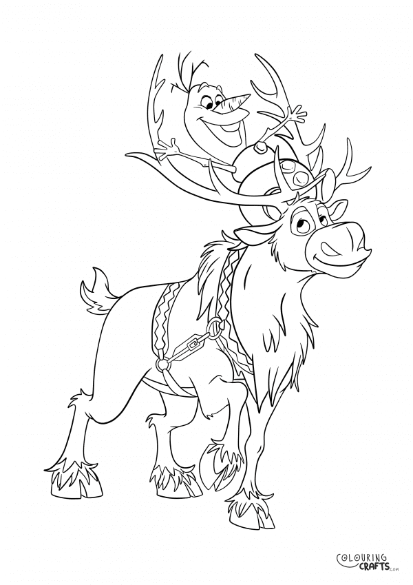 A drawing of Frozen Olaf sitting on Sven with a plain background to print and colour for free.