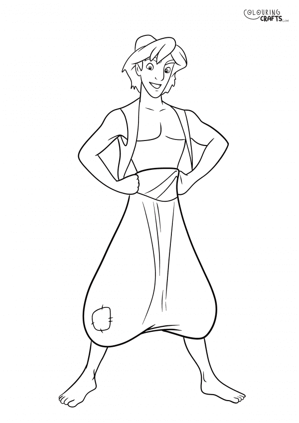A drawing of Aladdin From the Disney film Aladdin with a plain background to print and colour for free.