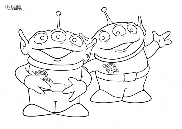 A drawing of Aliens from Toy Story with a plain background to print and colour for free.