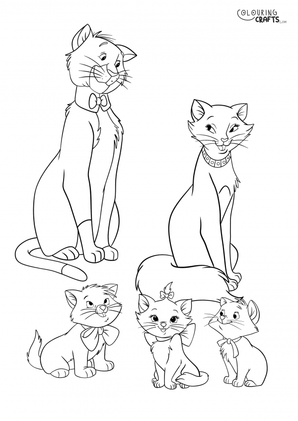 A drawing Of Thomas, Duchess, Toulouse, Marie And Berlioz from Aristocats with a plain background to print and colour for free.