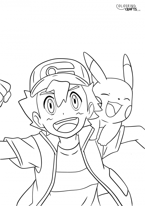 A drawing of Ash with Pikachu on his shoulder from Pokemon with a plain background to print and colour for free.