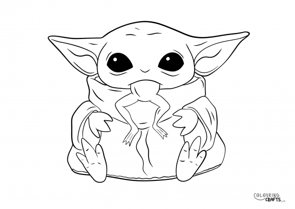 A drawing of baby Yoda eating a frog from The Mandalorian with a plain background to print and colour for free.