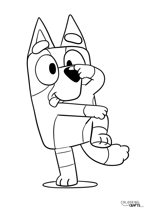 A drawing Of Bluey balancing on one leg from Bluey with a plain background to print and colour for free.