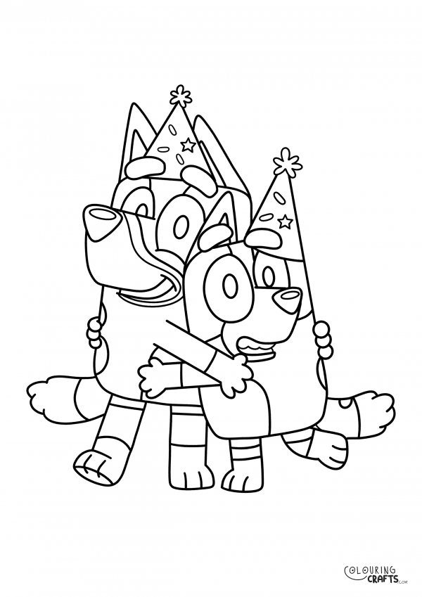 A drawing Of Bluey And Bingo in party hats from Bluey with a plain background to print and colour for free.
