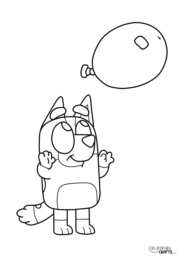 A drawing Of Bingo playing with a balloon from Bluey with a plain background to print and colour for free.