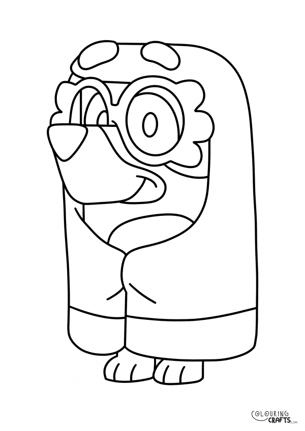 A drawing Of Bluey in glasses and a blanket from Bluey with a plain background to print and colour for free.