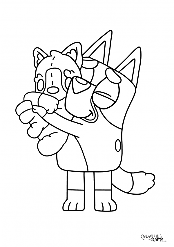 A drawing Of Bluey cuddling his teddy from Bluey with a plain background to print and colour for free.