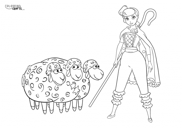 A drawing of Bo Peep And Her Sheep from Toy Story with a plain background to print and colour for free.