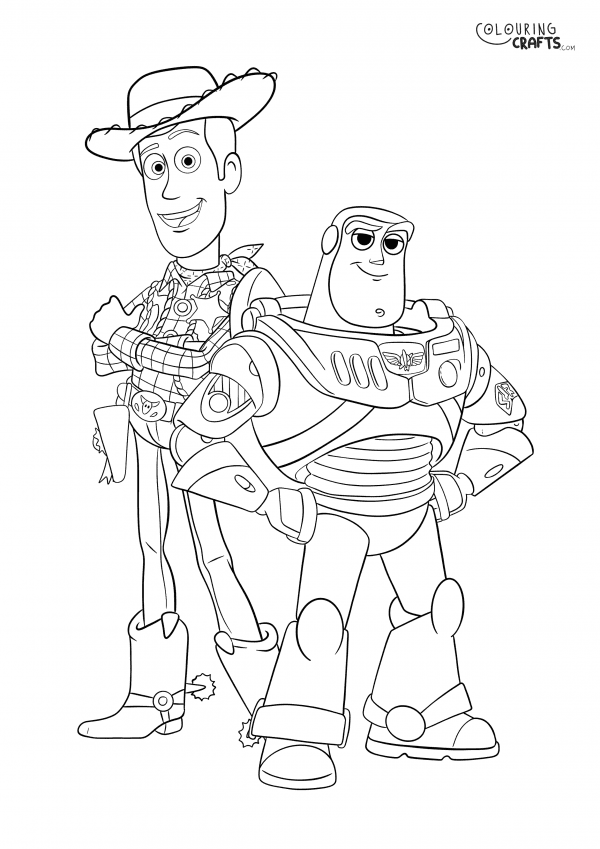 A drawing of Woody And Buzz from Toy Story with a plain background to print and colour for free.