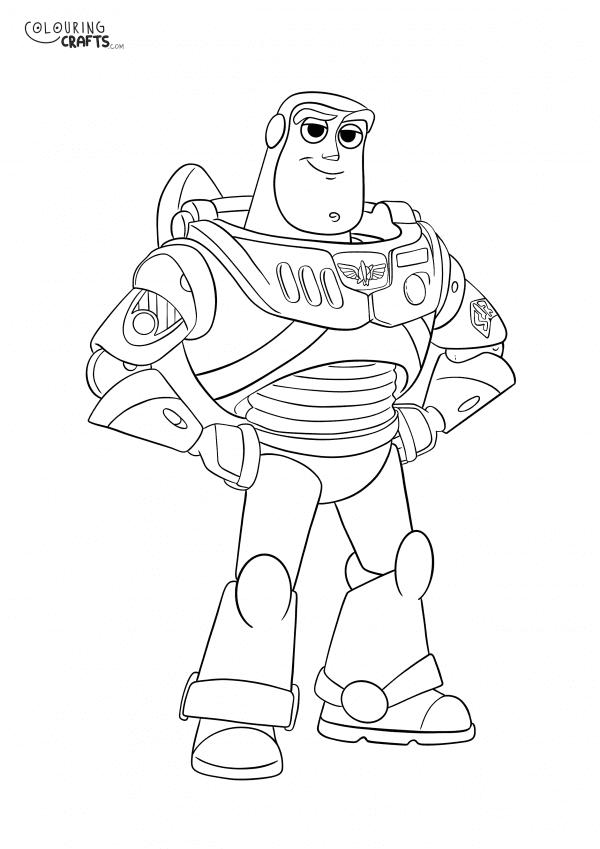 A drawing of Buzz from Toy Story with a plain background to print and colour for free.