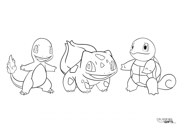 A drawing of Charmander, Bulbasaur & Squirtle from Pokemon with a plain background to print and colour for free.