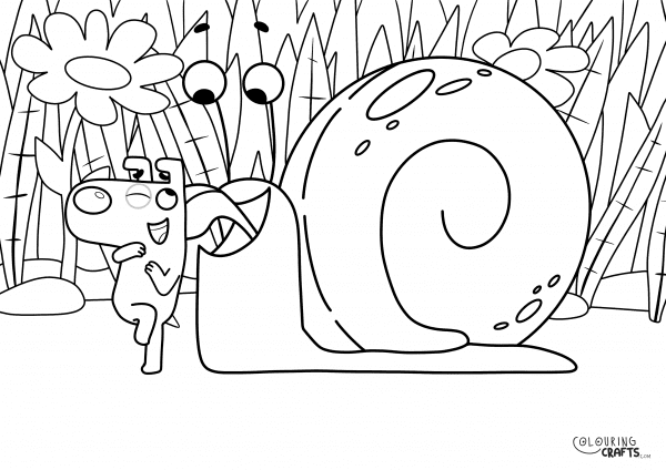 A drawing Of Dog from Dog Loves Books with a Garden Snail background to print and colour for free.