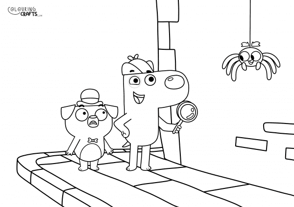 A drawing Of Dog And Pug from Dog Loves Books with a Street background to print and colour for free.