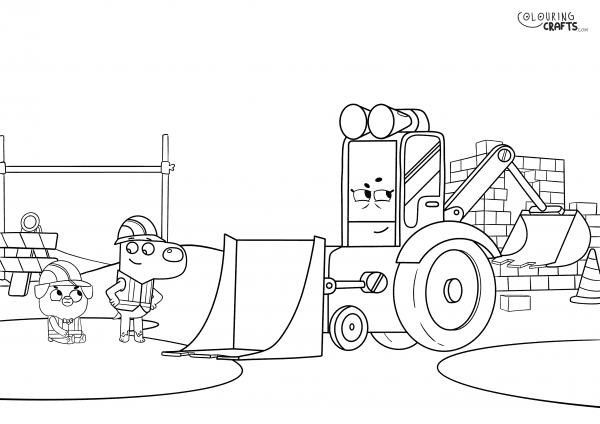 A drawing Of Dog And Pug from Dog Loves Books with Digger in a Building site background to print and colour for free.