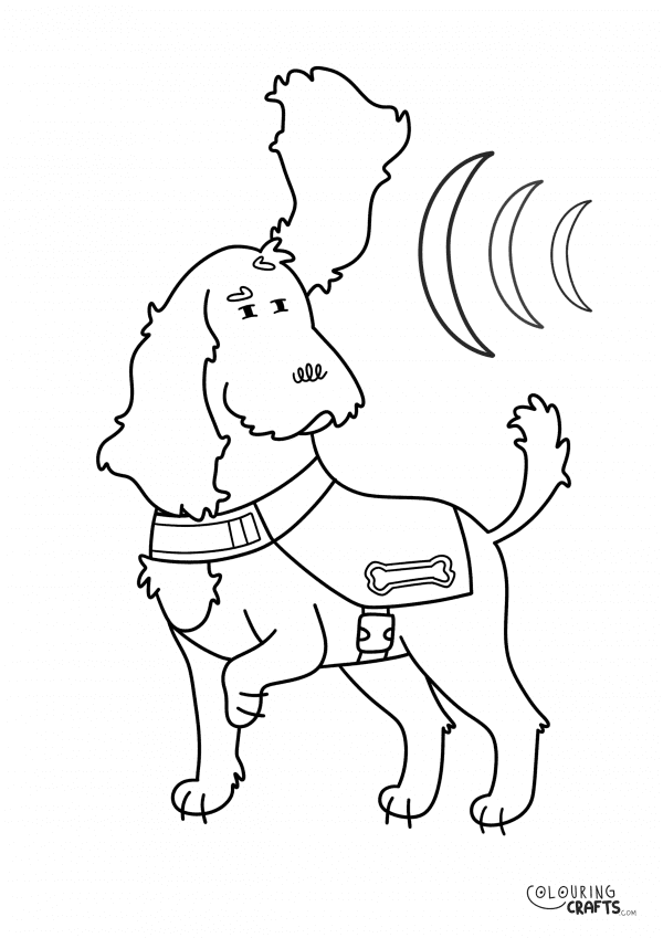 A drawing Of Diesel the Hearing Dog with super Hearing from Dog Squad with a plain background to print and colour for free.