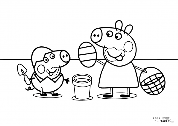 A drawing Of Peppa And George eating Easter eggs from Peppa Pig with a plain background to print and colour for free.