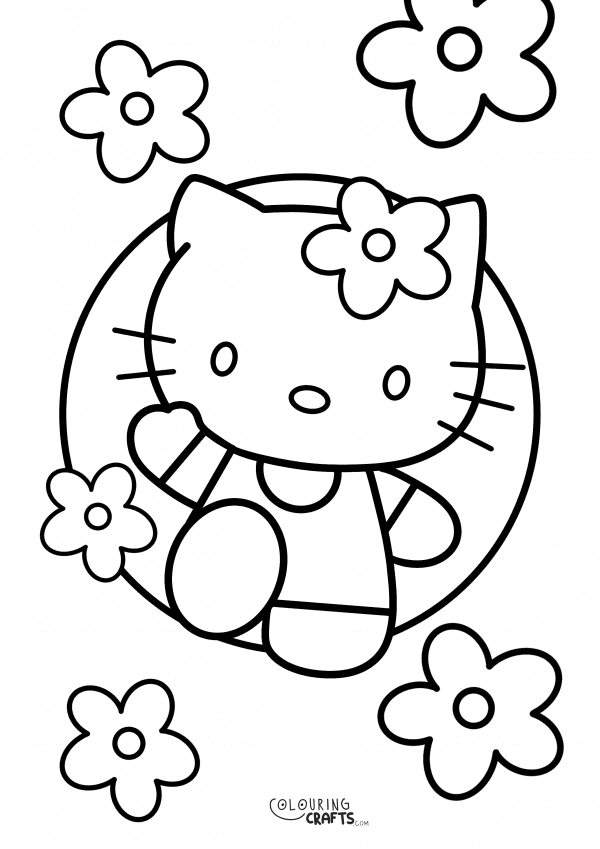 A drawing Of Hello Kitty with a Flower background to print and colour for free.