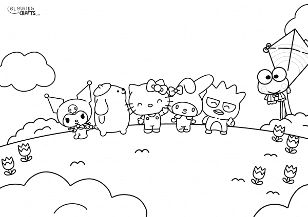 A drawing Of Hello Kitty And Friends with a Landscape background to print and colour for free.