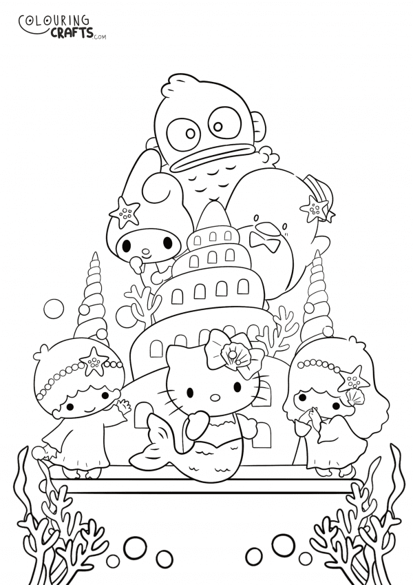 A drawing of Characters from Hello Kitty with a plain background to print and colour for free.