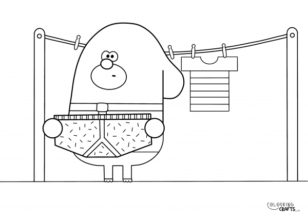 A drawing Of Duggee putting the washing out from Hey Duggee with a plain background to print and colour for free.