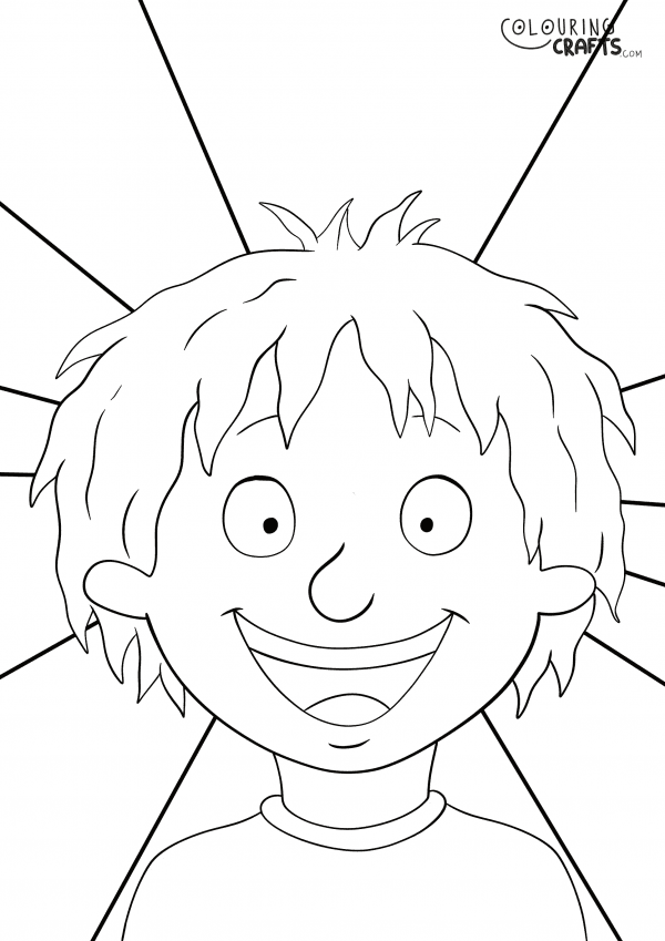 A drawing of Henry from Horrid Henry with a pinwheel background to print and colour for free.