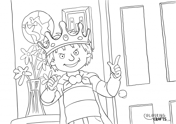 A drawing of Henry with a crown from Horrid Henry with a background to print and colour for free.