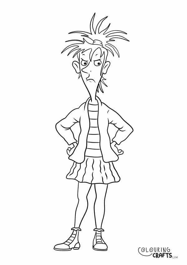 A drawing of Moody Margaret from Horrid Henry with a plain background to print and colour for free.