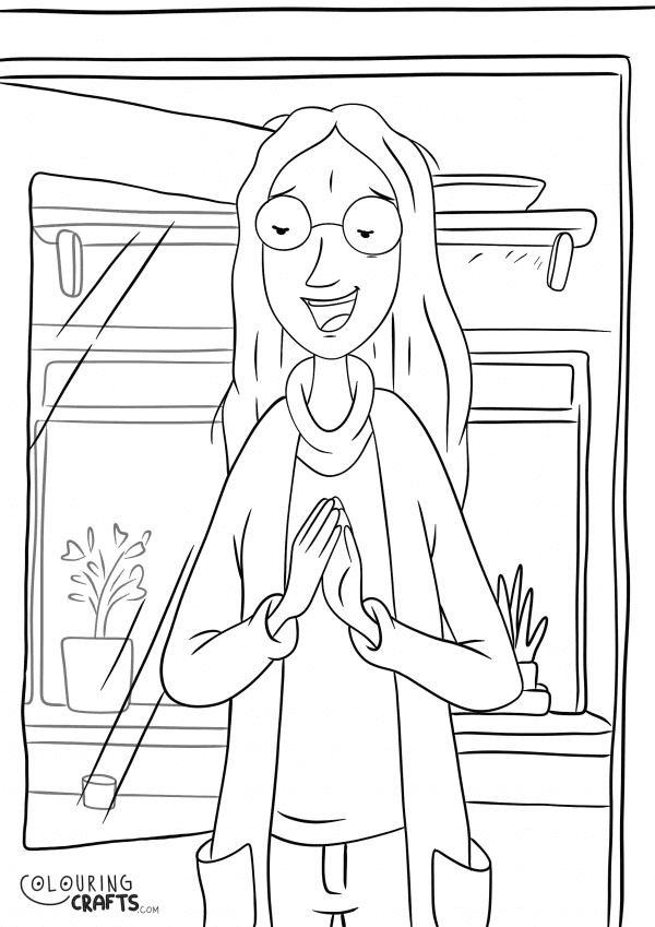 A drawing of Henry's Mum from Horrid Henry with a doorway background to print and colour for free.