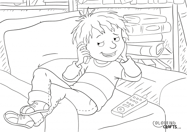 A drawing of Henry sat in a chair on the phone from Horrid Henry with background to print and colour for free.
