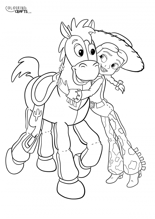 A drawing of Jessie And Bullseye from Toy Story with a plain background to print and colour for free.