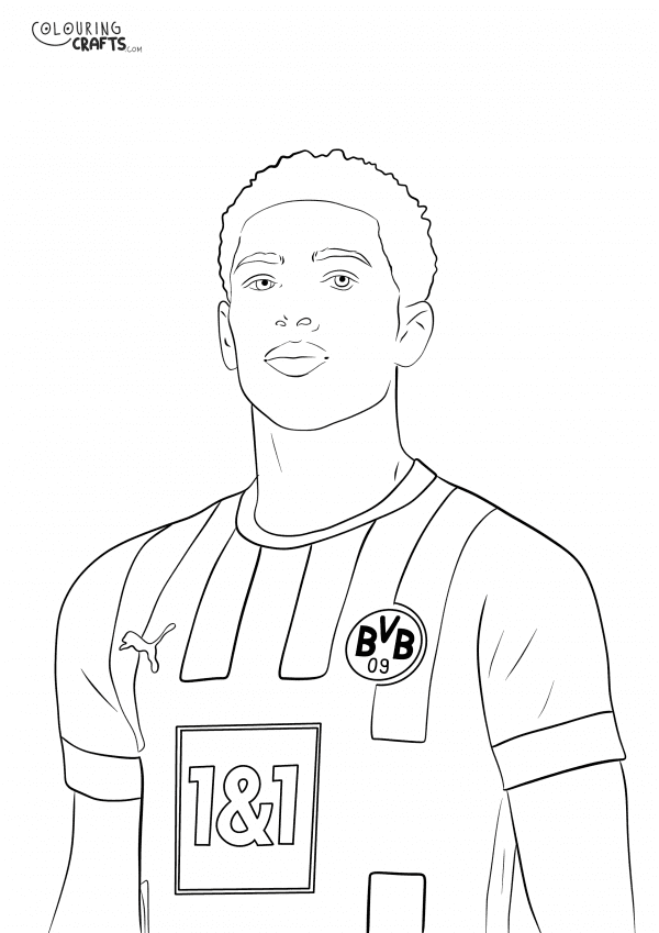 A drawing of Jude Bellingham in Borussia Dortmund Football kit with a plain background to print and colour for free.