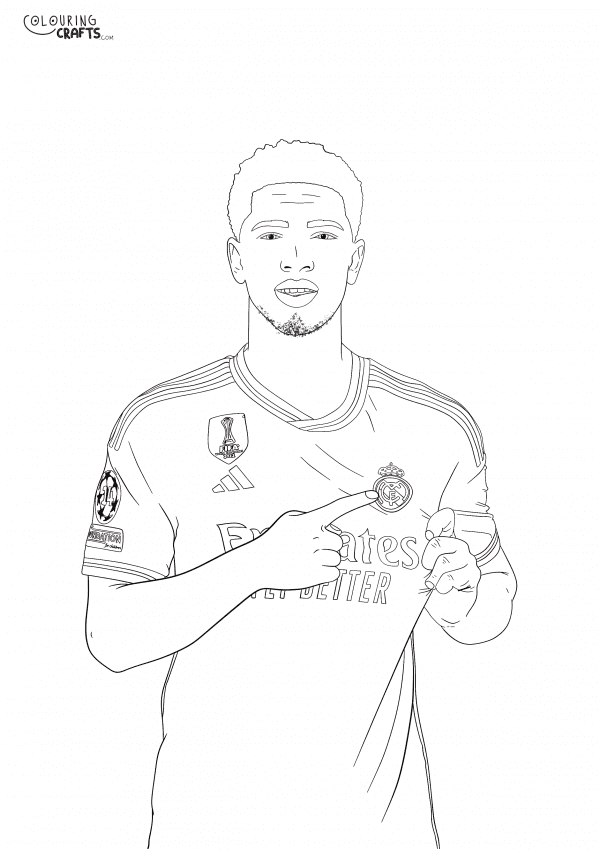 A drawing of Jude Bellingham In a Real Madrid Football kit with a plain background to print and colour for free.