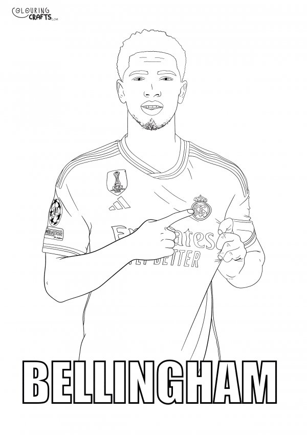 A drawing of Jude Bellingham with the text Bellingham who plays for Real Madrid with a plain background to print and colour for free.