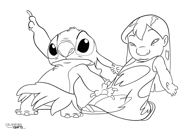 A drawing Of Lilo And Stitch dancing with a plain background to print and colour for free.