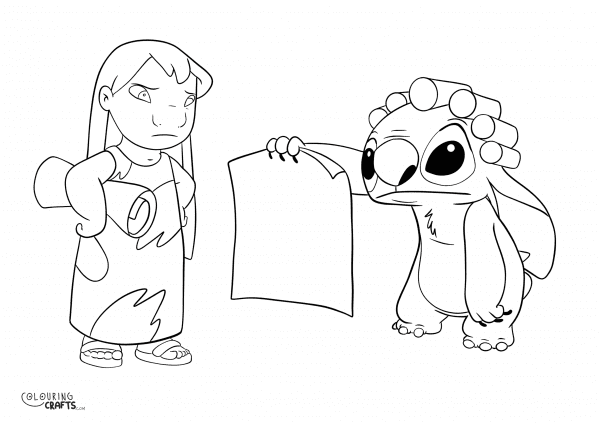 A drawing Of Lilo And Stitch with a plain background to print and colour for free.