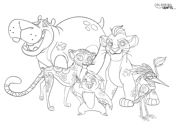 A drawing of a Variety of characters from The Lion Guard with a plain background to print and colour for free.