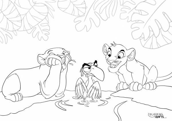 A drawing Of Simba, Nala And Zazu from The Lion King with a plain background to print and colour for free.