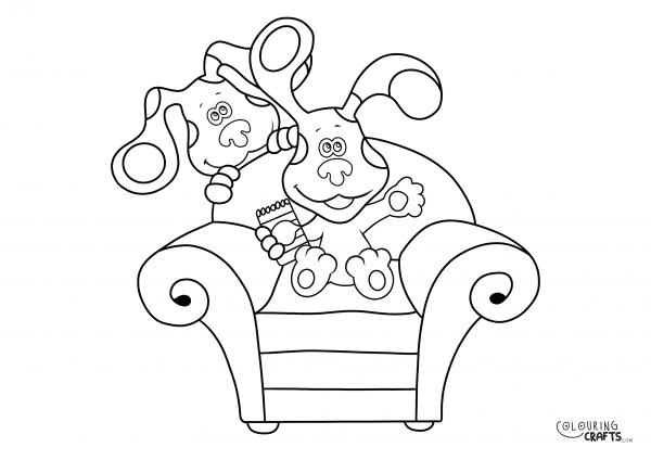 A drawing Of Blue And Magenta in a chair from Blues Clues with a plain background to print and colour for free.