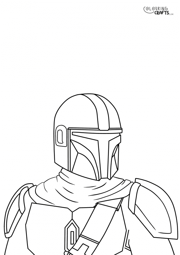 A drawing of Mando from The Mandalorian with a plain background to print and colour for free.