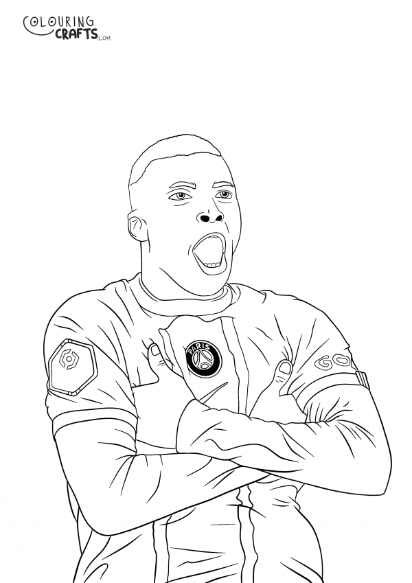 A drawing of the Footballer Kylian Mbappe from Paris Saint-Germain football club with a plain background to print and colour for free.