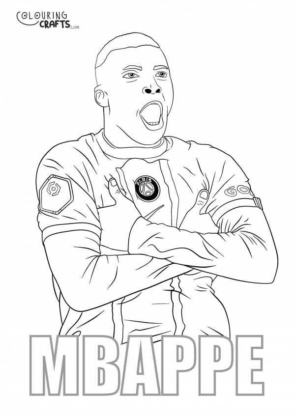 A drawing of the Footballer Kylian Mbappe with his name from Paris Saint-Germain football club with a plain background to print and colour for free.