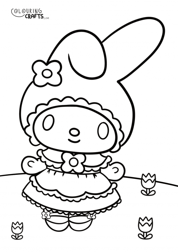 A drawing of My Melody in a dress from Hello Kitty with a background to print and colour for free.