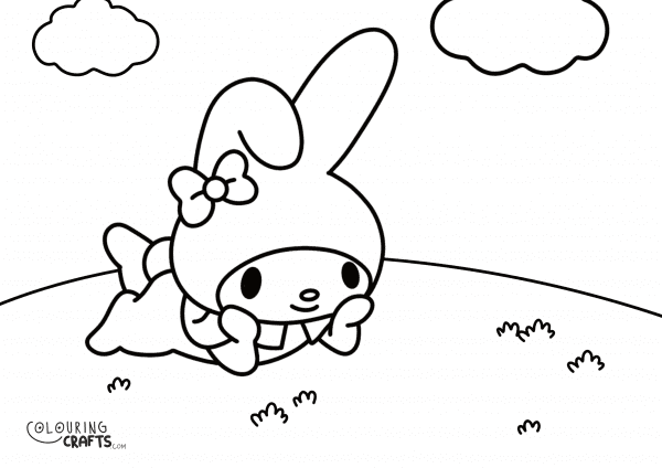 A drawing of My Melody from Hello Kitty with a hill background to print and colour for free.