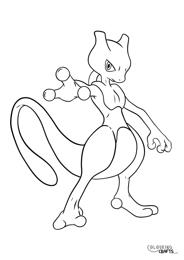 A drawing of Mewtwo from Pokemon with a plain background to print and colour for free.