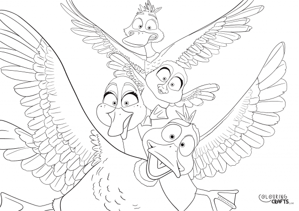 A drawing of Mack, Dax, Pam And Gwen from the film Migration with a plain background to print and colour for free.